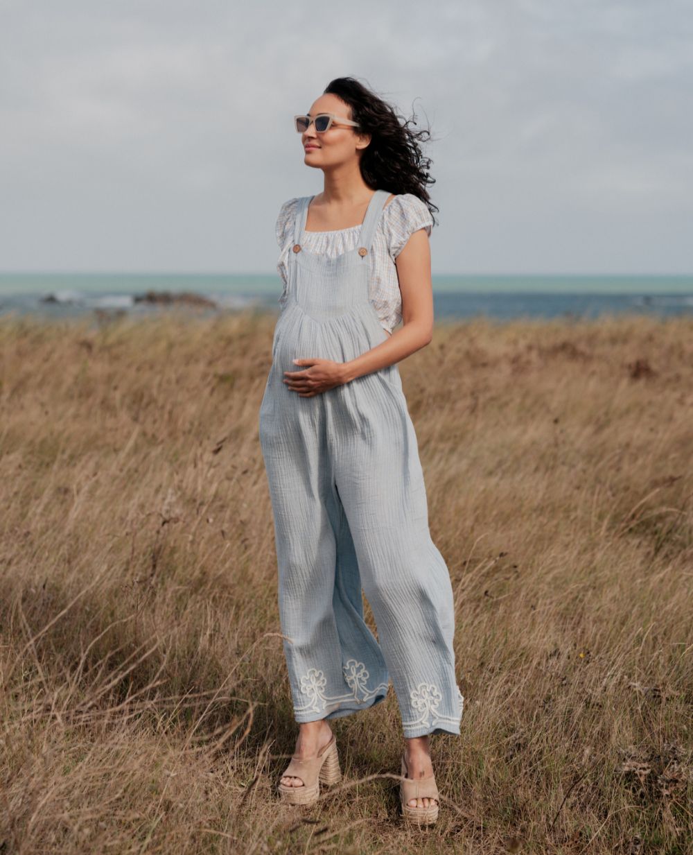 Yael Blue Maternity Overalls - Organic Cotton Embroidery | Cache Cœur