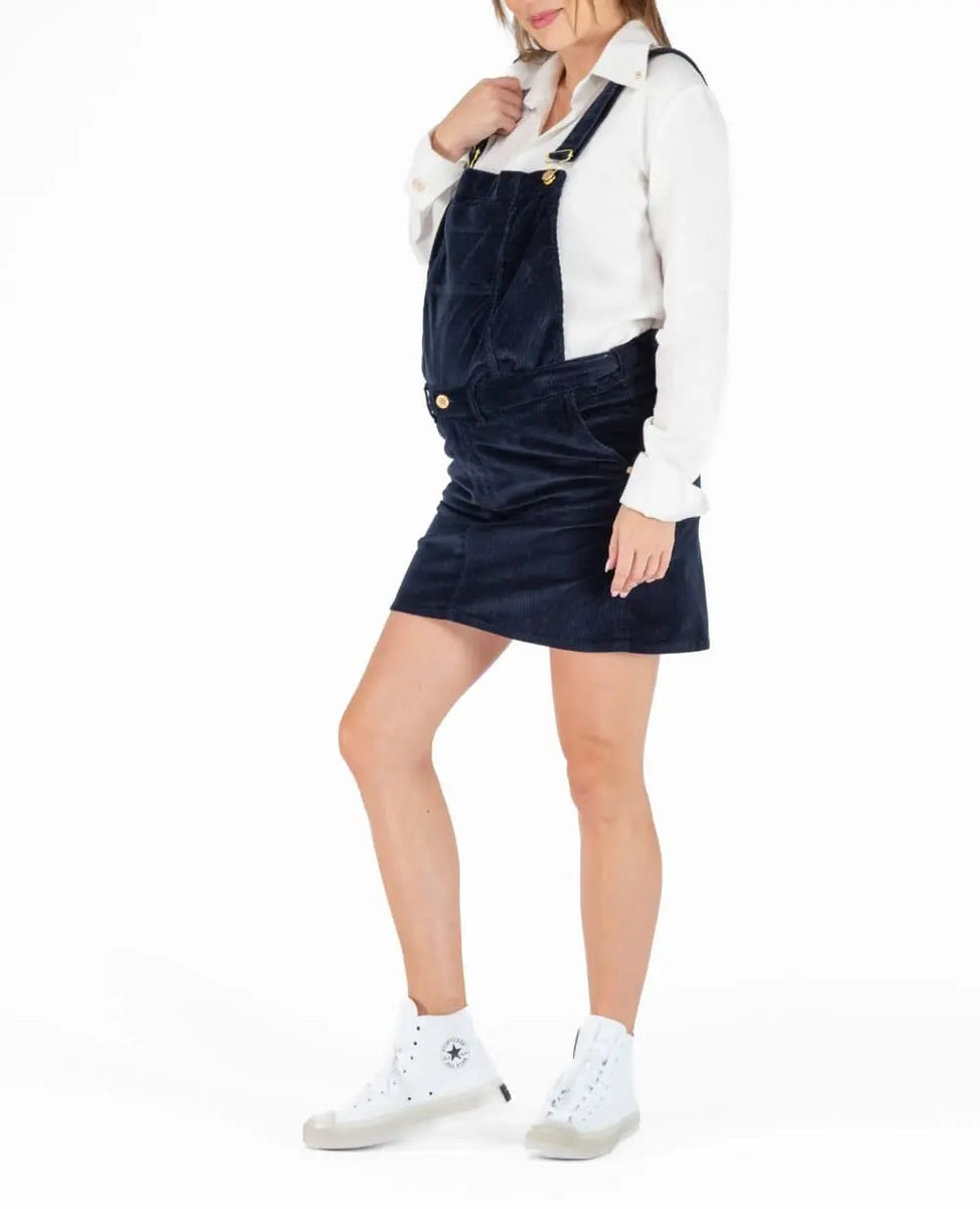 Maternity dungaree skirt in navy Bonnie velvet