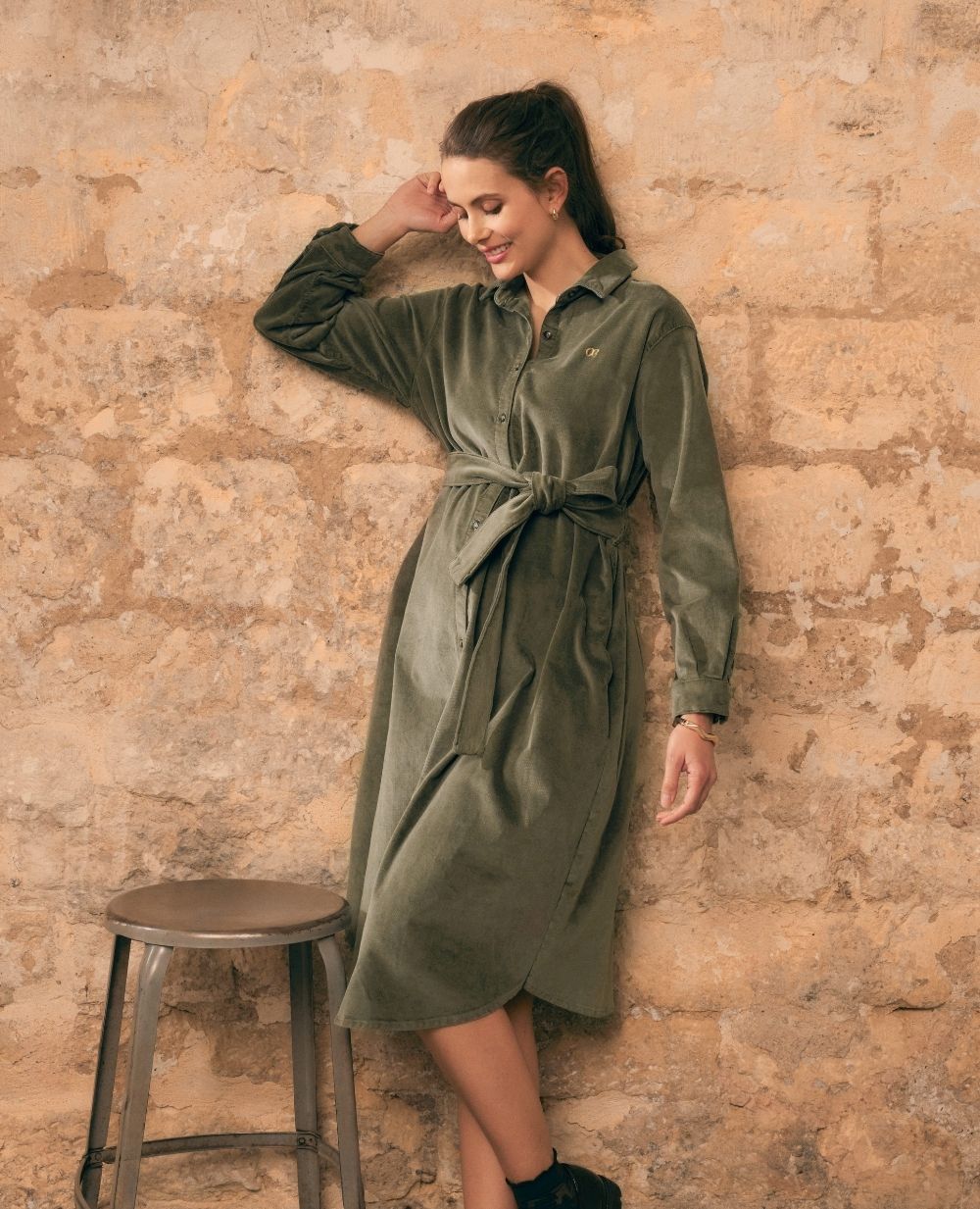 Dress Jude Khaki Needlecord Velvet Belt French Buttons