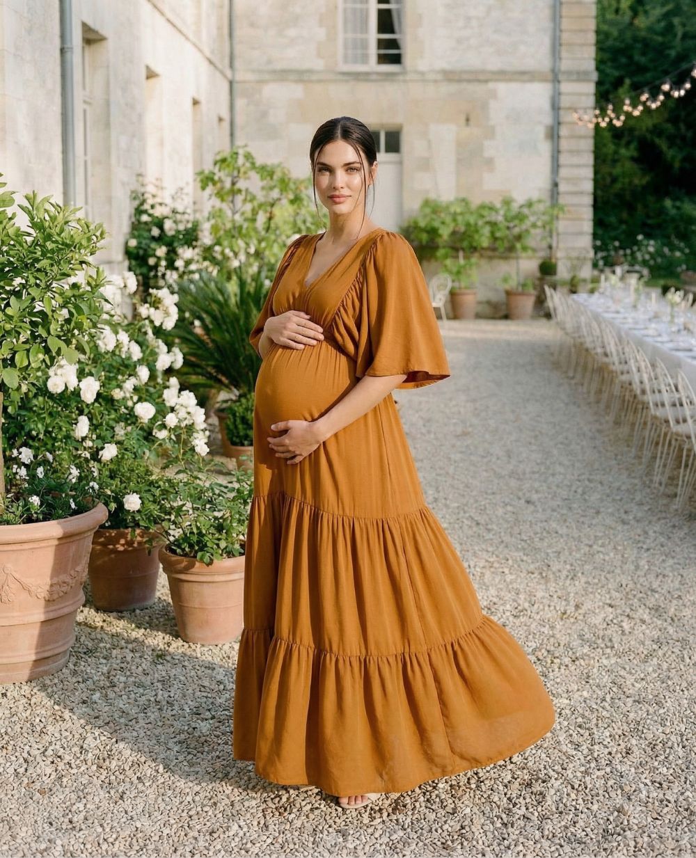 Claudette Long Maternity Dress - Camel