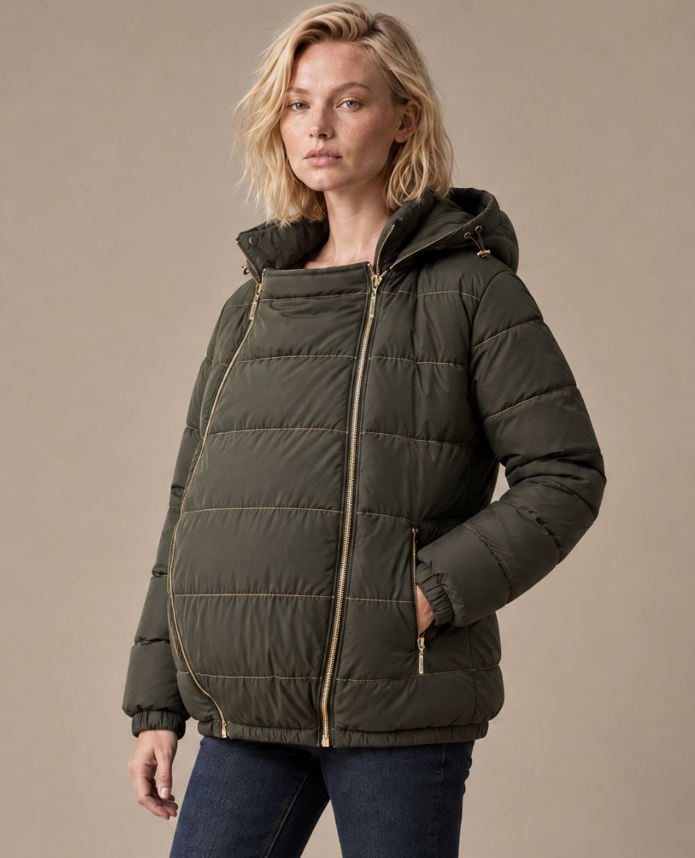Linette maternity and babywearing puffer jacket - Khaki