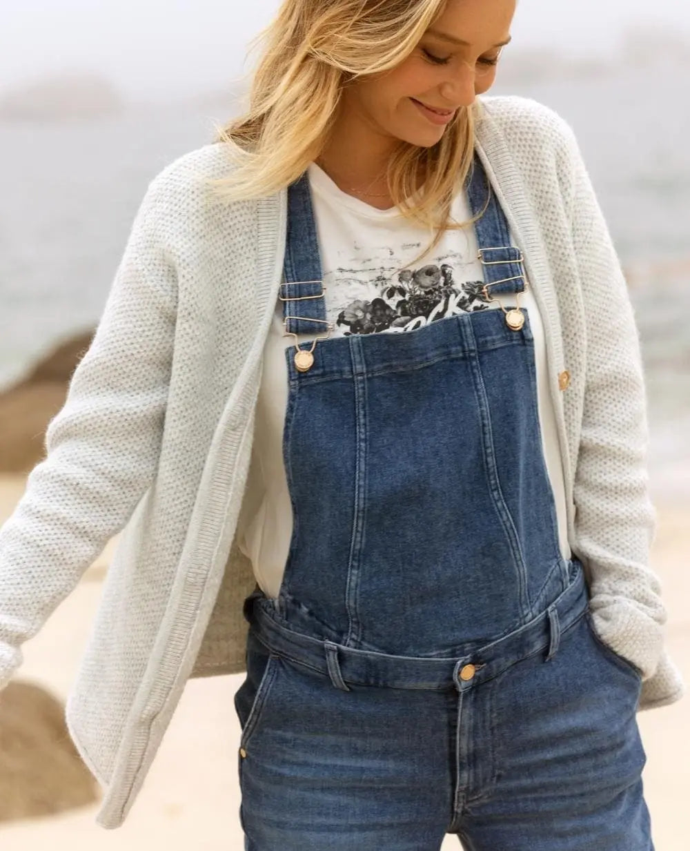 Haut de salopette en jean fisher mid blue used, cache cœur