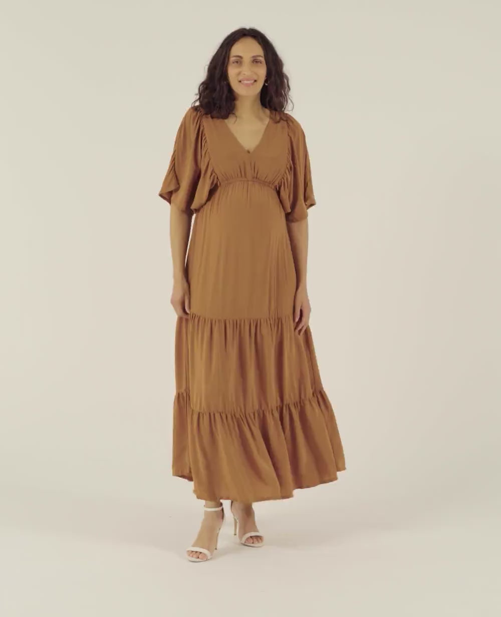 Claudette Long Maternity Dress - Camel