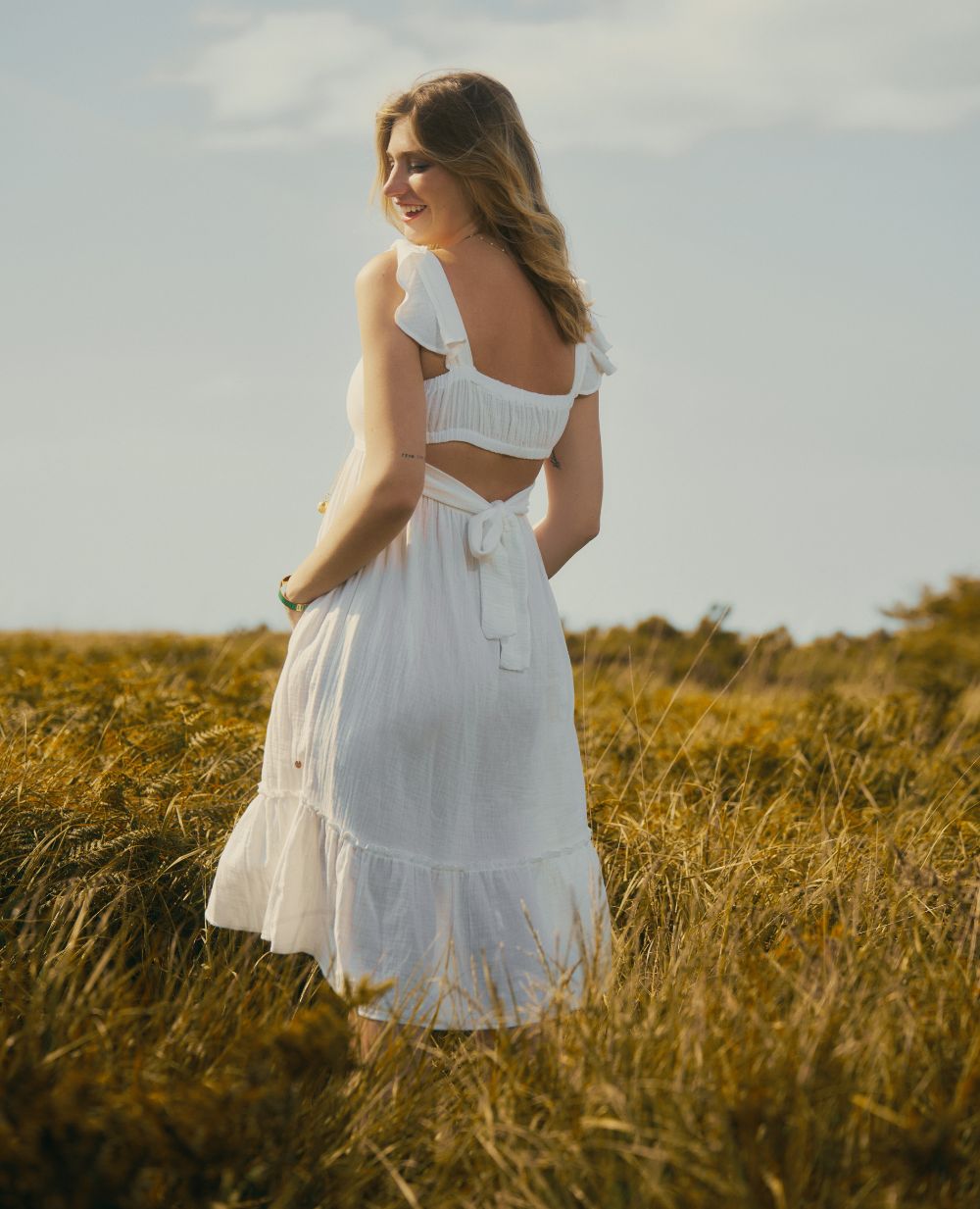 Melody White Dress Smocked GOTS Organic Cotton Gauze