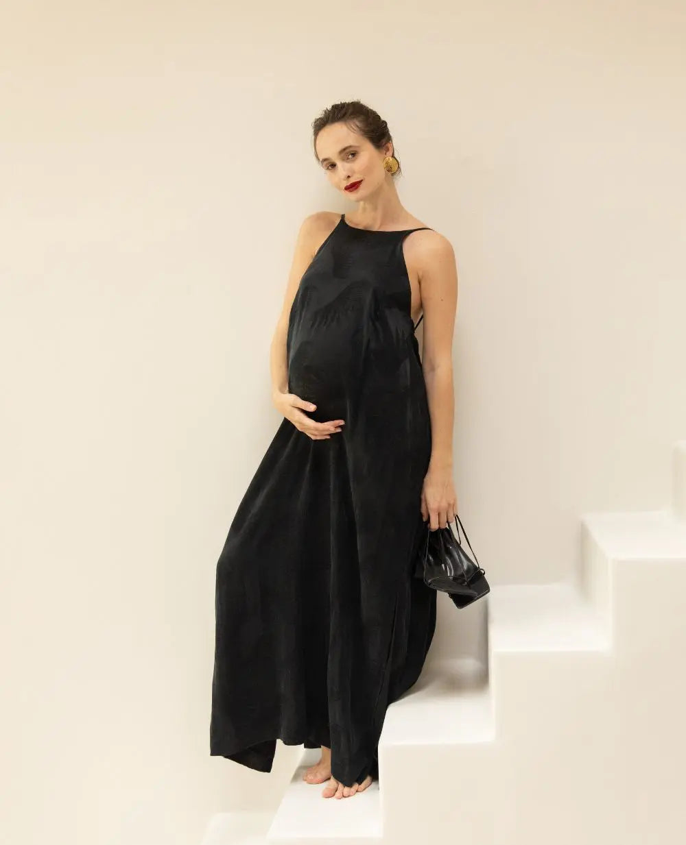 Isis Black Long Backless Cupro Jacquard Dress