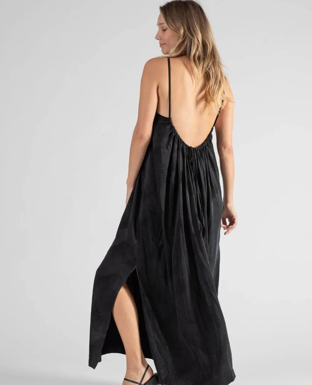Isis Black Long Backless Cupro Jacquard Dress