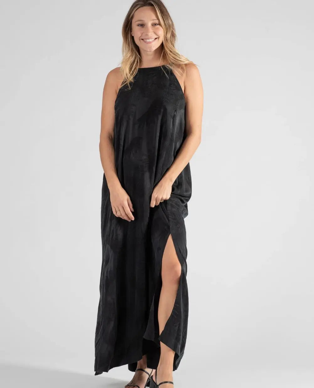 Isis Black Long Backless Cupro Jacquard Dress