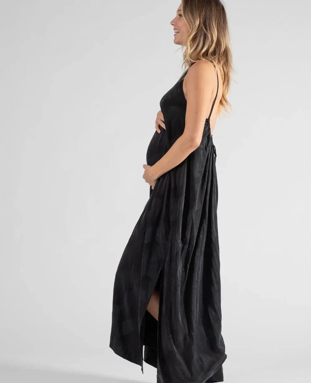 Isis Black Long Backless Cupro Jacquard Dress
