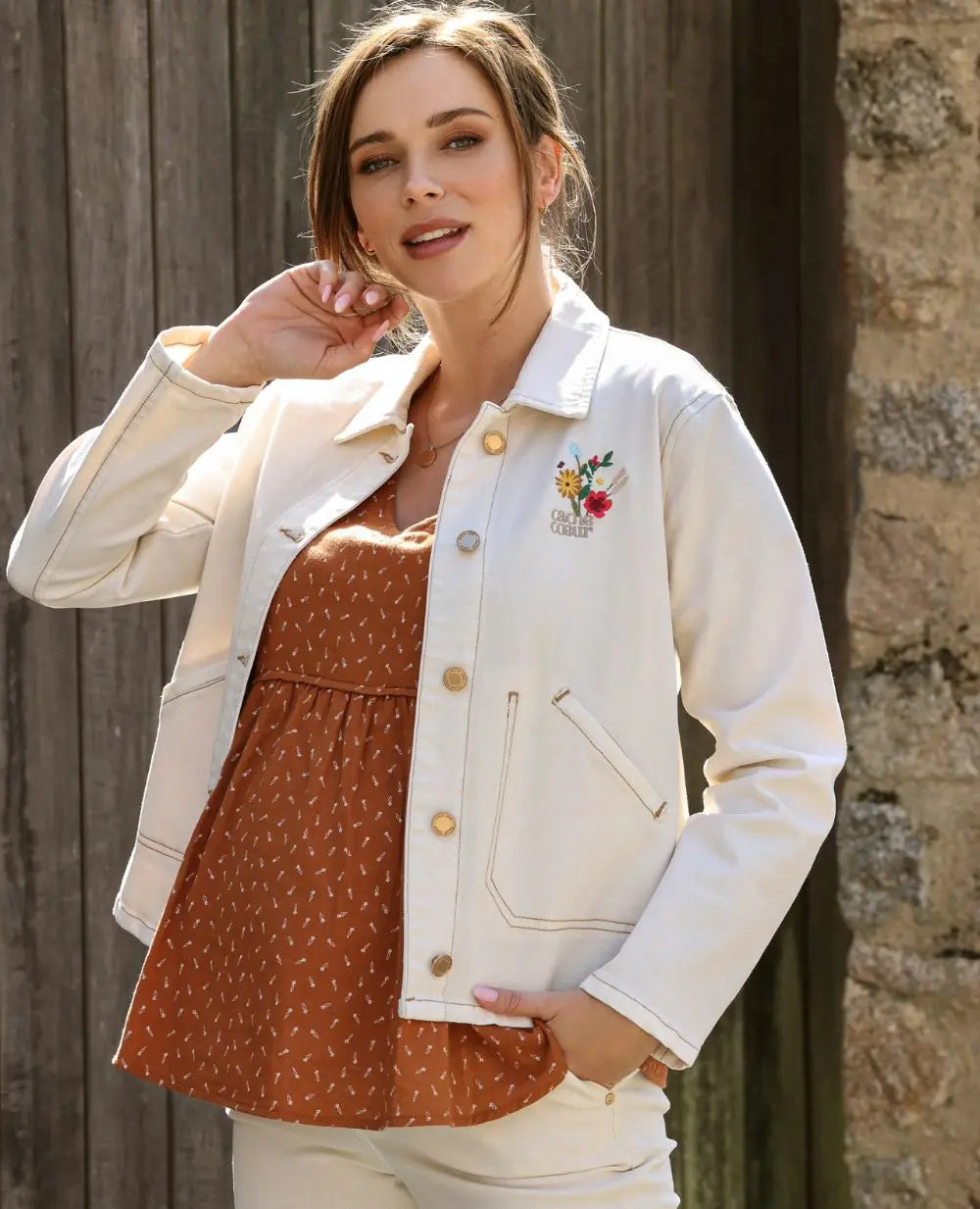 Veste jean de maternité romy beige, cache cœur