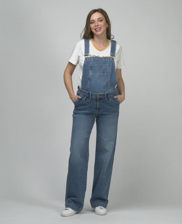 Kelly Wide Leg Dungarees in MID DENIM